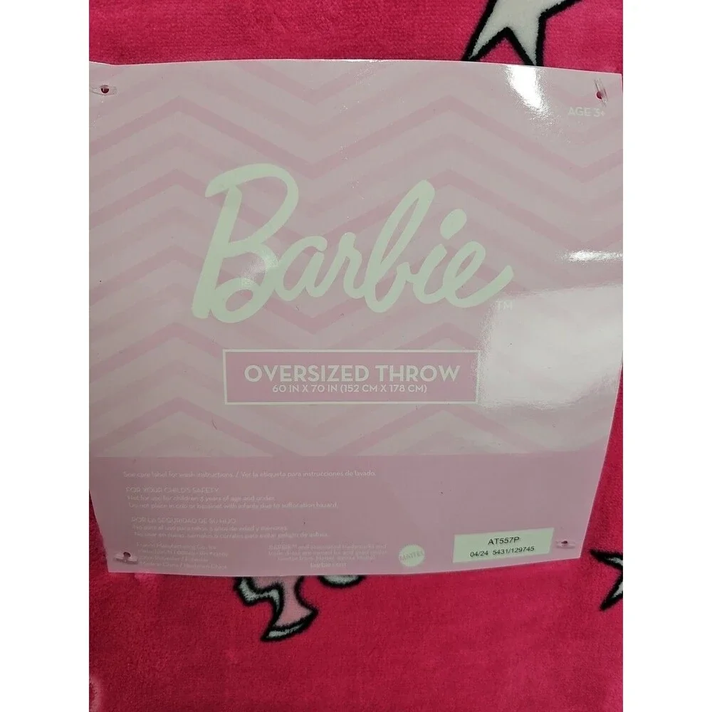 Barbie Oversized Pink Throw Blanket 60x70 Logo Hearts Stars Cozy Plush